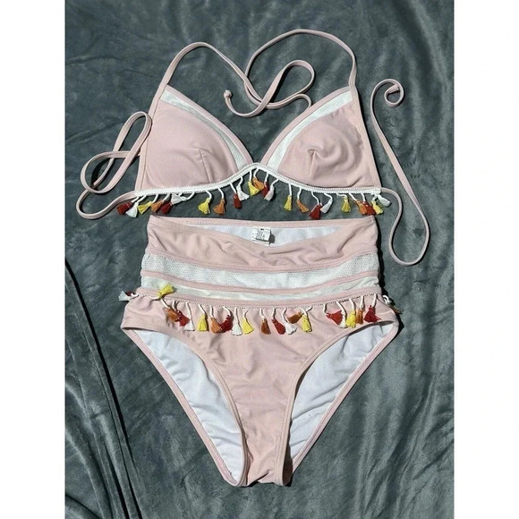 COCOSHIP Women's Mesh High Waist‎ Bikini Set Tassel Trim Top Halter Strap Size 6 - Picture 1 of 2